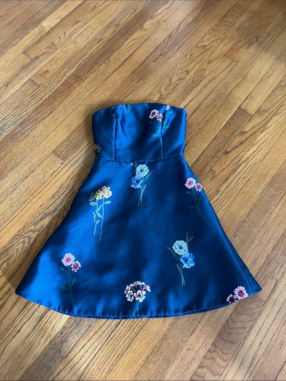 Strapless Navy Blue Floral Dress